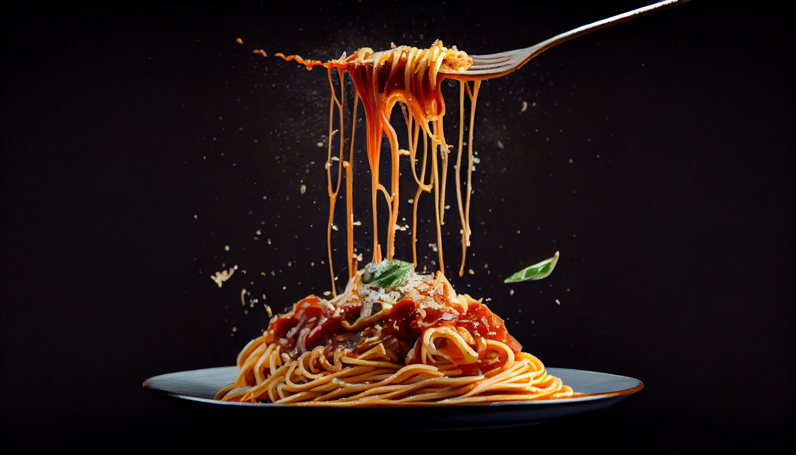 fundo preto, com um prato de comida italiana, composto com uma macarronada ao molho de tomate, com macarrões enrolado em um garfo.