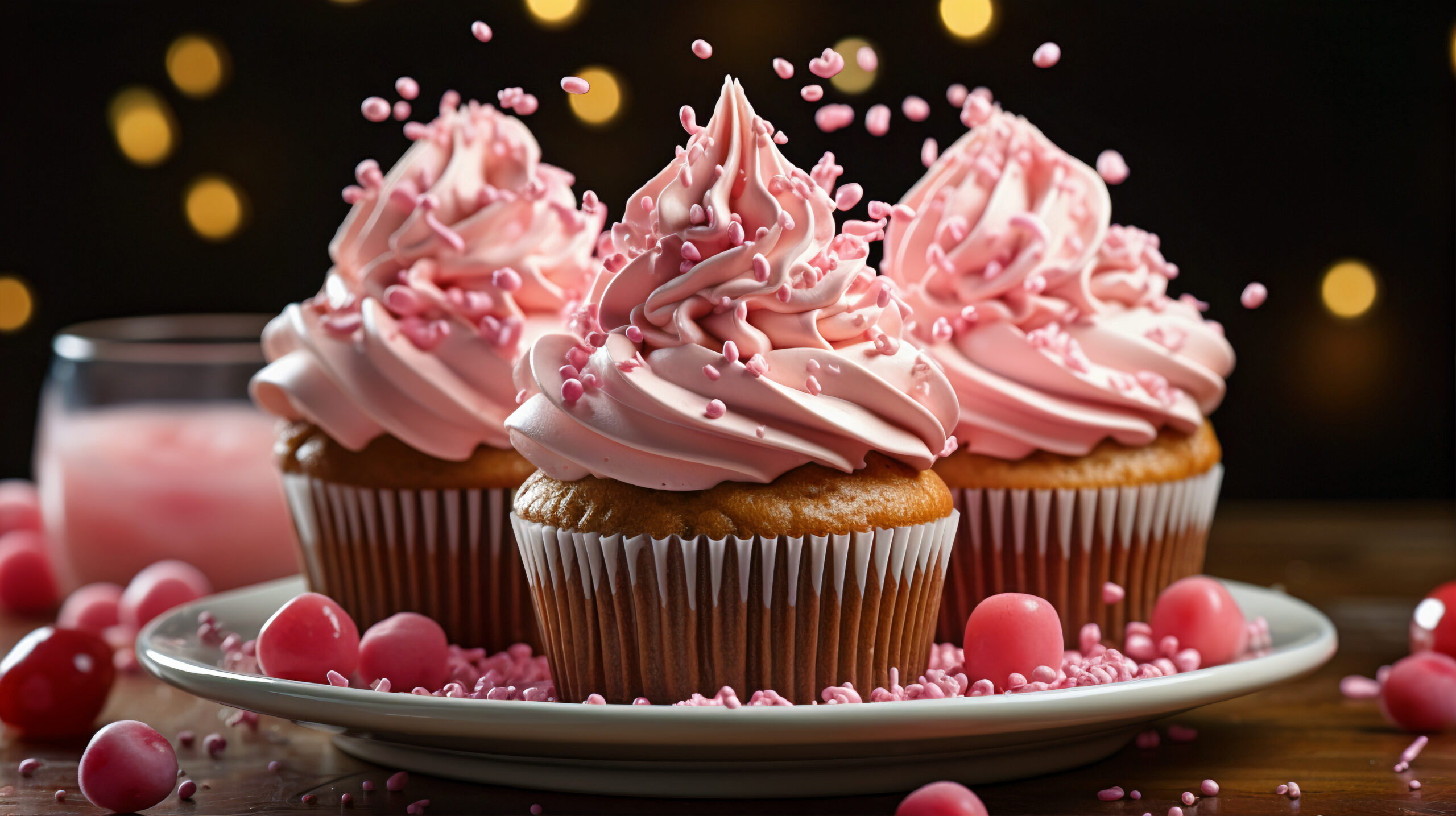prato com 3 cupcake, com generosa cobertura de chantily rosa, com várias cerejas ao redor remetendo ao tema Doces Pecados Culposos.
