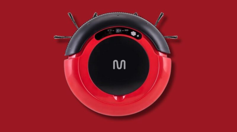Fundo plano em vermelho escuro, com robozinho aspirador multilaser em vermelho claro.