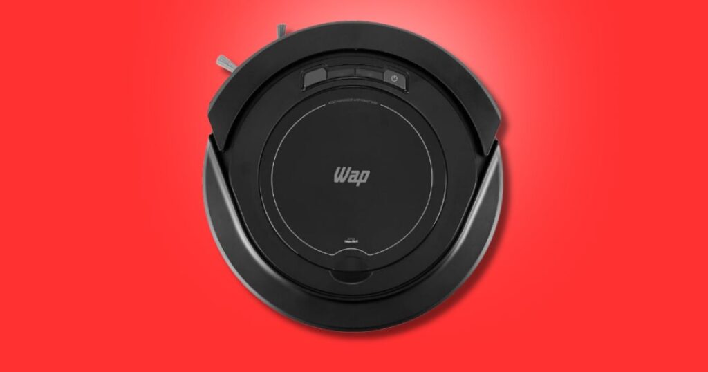 Fundo vermelho com Robô Aspirador Wap em preto