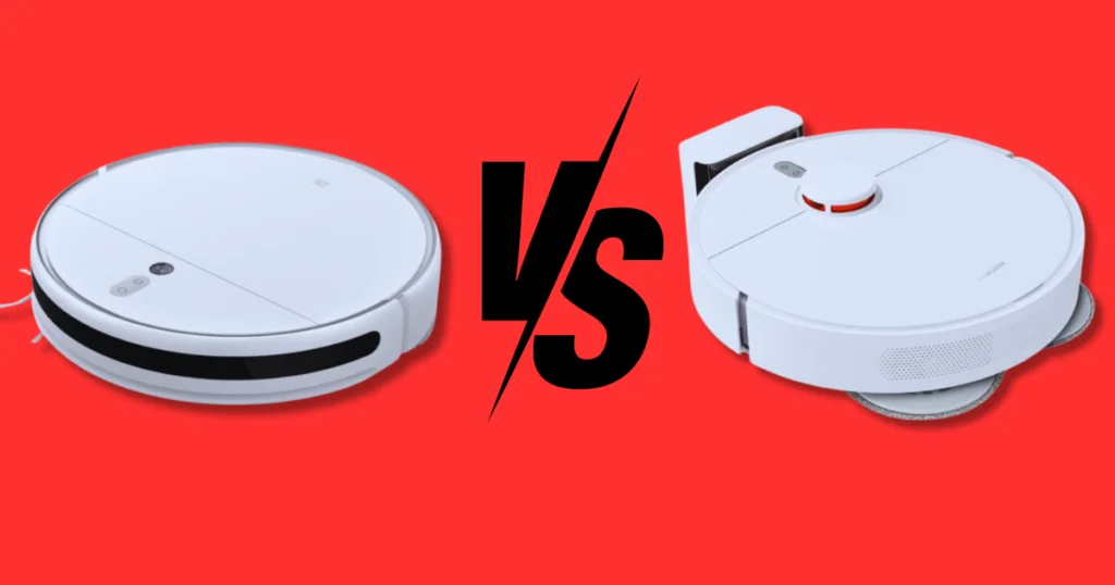 Fundo vermelho com imagem dos 2 aspiradores: Aspirador XIAOMI Robot Vacuum S10+ versus Robô Aspirador de Pó Inteligente Mop 2 Xiaomi