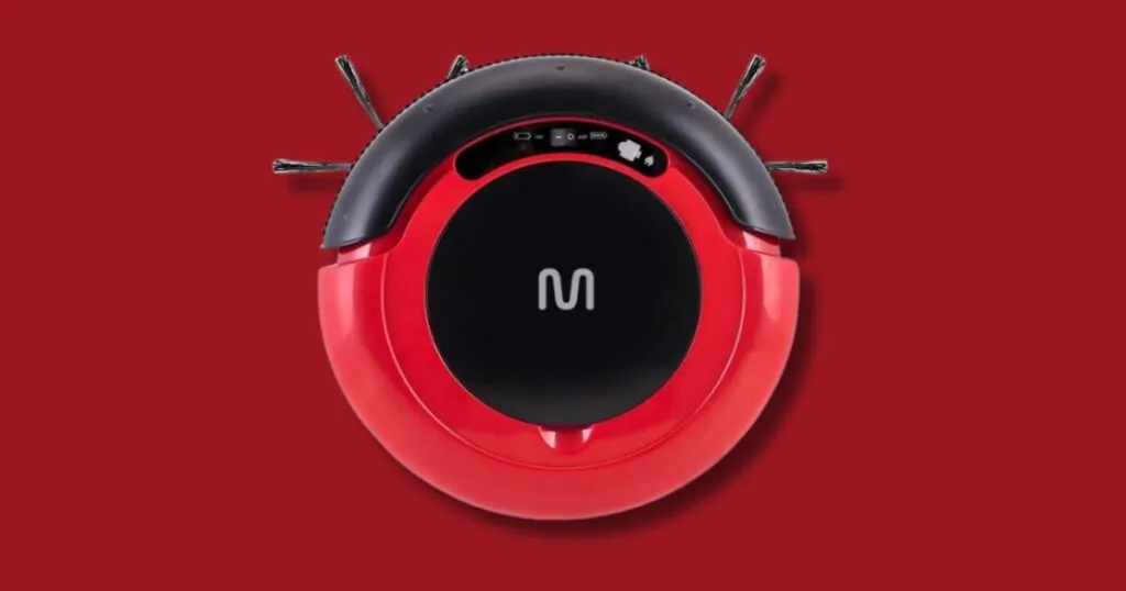 Fundo plano em vermelho escuro com Robozinho aspirador multilaser em vermelho claro.
